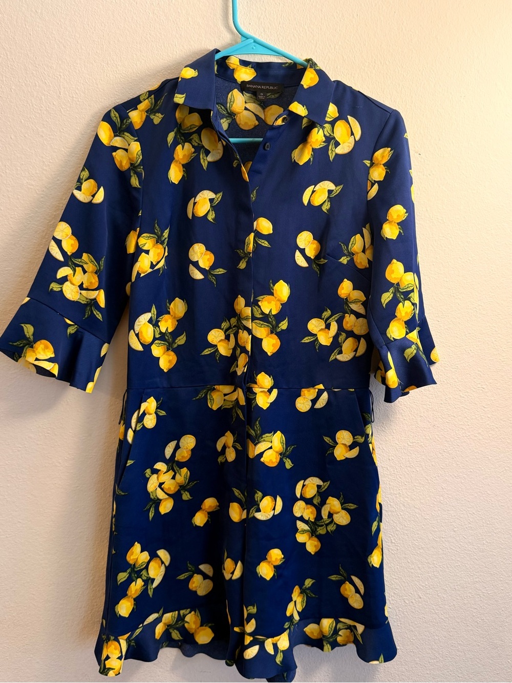 Banana Republic Navy Dress with Yellow Lemon Print MISSING: Belt